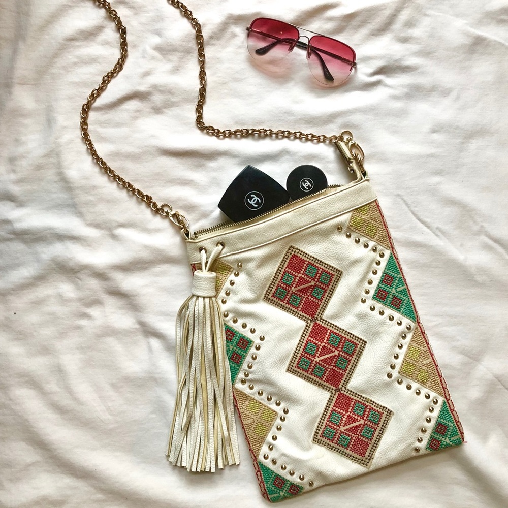 Indian Print Leather Tassel Side Bag